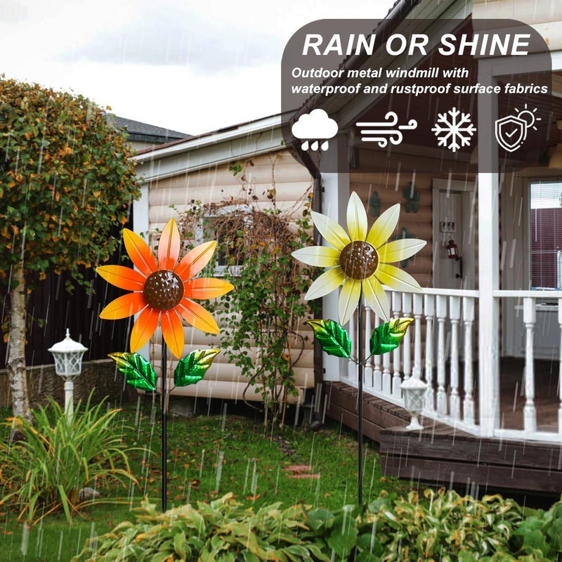 Senflame 2 Pack Metal Wind Spinners for Outdoor Decor - ​Garden Windmill Sculptures, ​Yard Art for ​Patio Lawn - ​Vibrant White Daisies & Orange Sunflowers Metal Spinners for ​Garden Decorations - Image 5